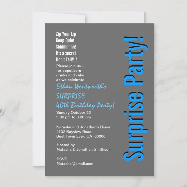 SURPRISE 40th Birthday Modern Grey and Blue Invitation (Front)