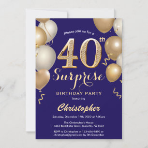 Surprise 40th Birthday Navy Blue and Gold Balloons Invitation