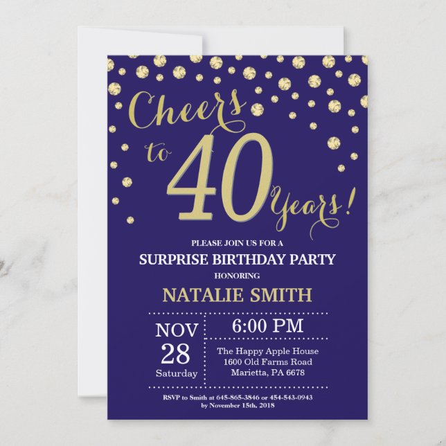 Surprise 40th Birthday Navy Blue and Gold Diamond Invitation (Front)