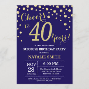 Surprise 40th Birthday Navy Blue and Gold Diamond Invitation