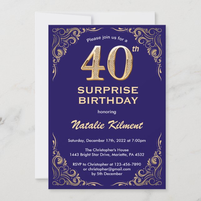 Surprise 40th Birthday Navy Blue and Gold Glitter Invitation (Front)