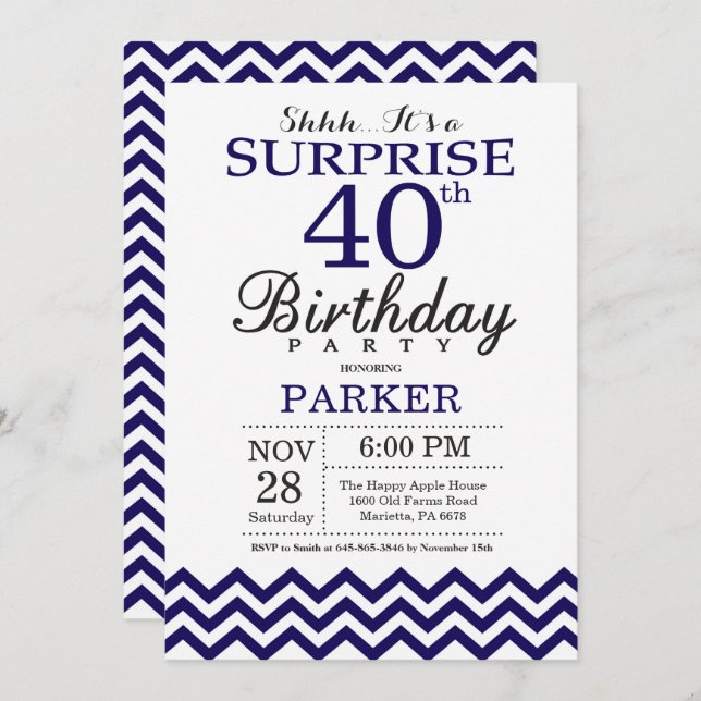 Surprise 40th Birthday Navy Blue Chevron Invitation (Front/Back)