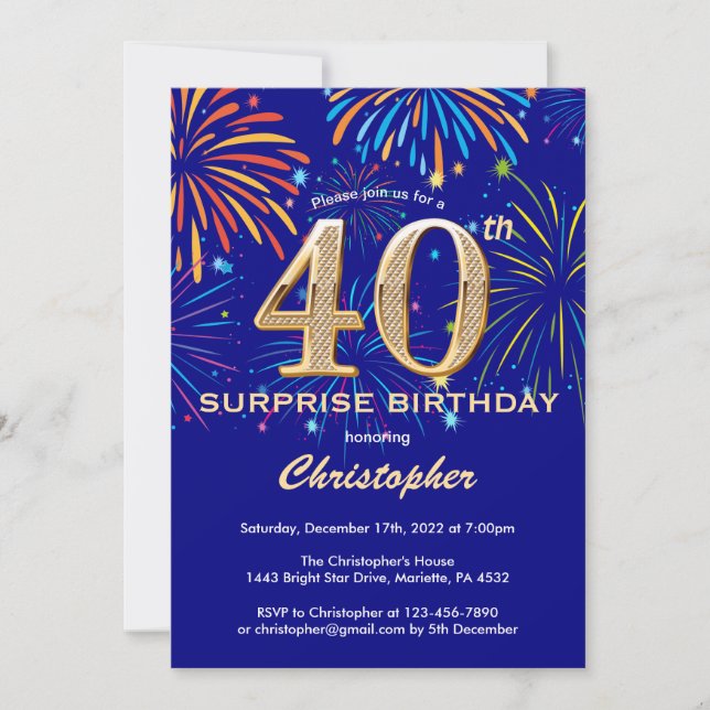 Surprise 40th Birthday Navy Blue & Gold Firework Invitation (Front)
