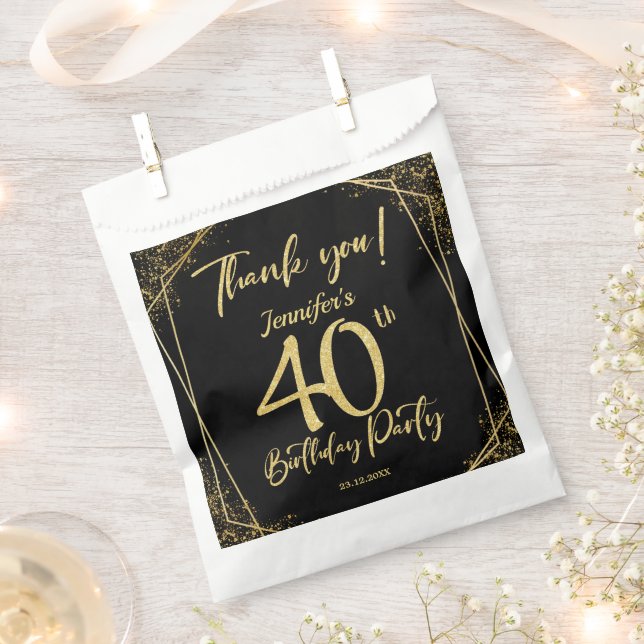 Surprise 40th Birthday Party Black & Gold Glitter Favour Bags (Clipped)
