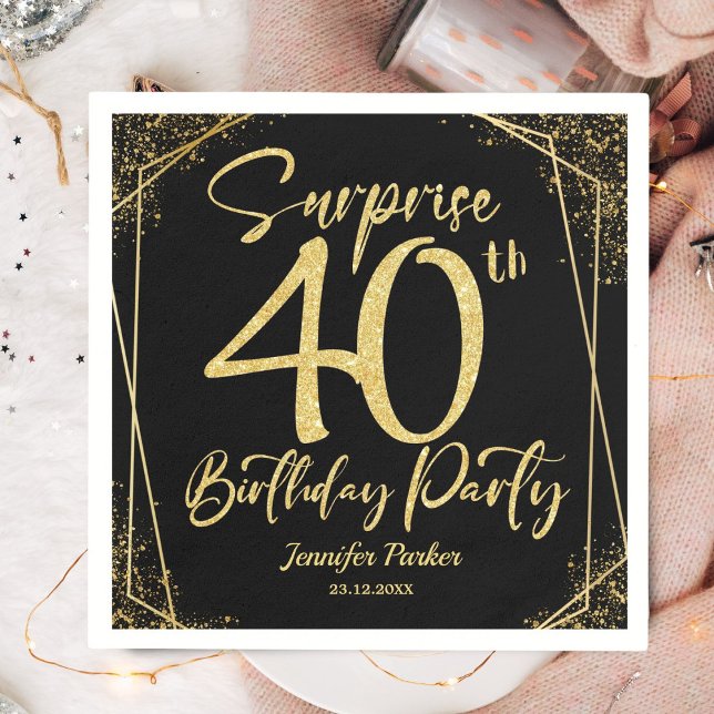 Surprise 40th Birthday Party Black & Gold Glitter Napkin (Creator Uploaded)