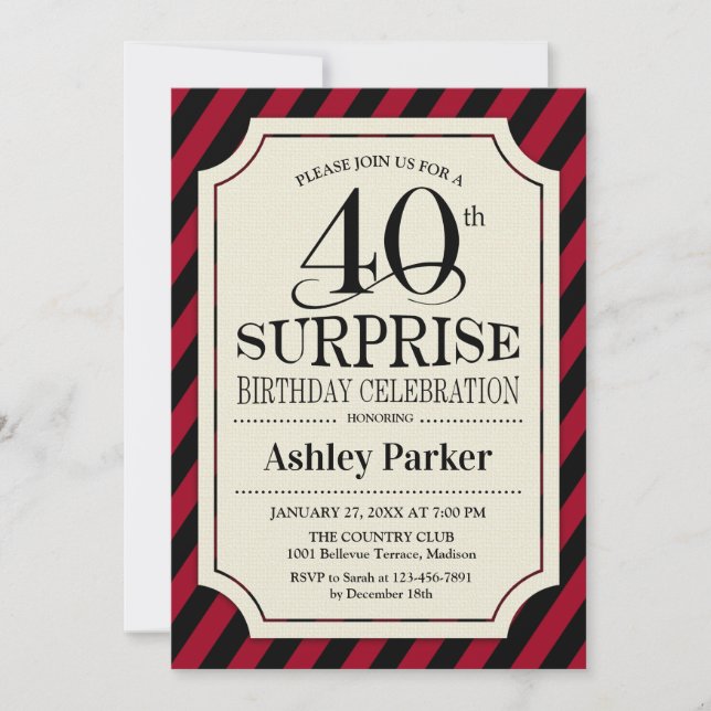 Surprise 40th Birthday Party - Black Red Stripes Invitation (Front)