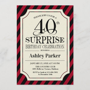 Surprise 40th Birthday Party - Black Red Stripes Invitation