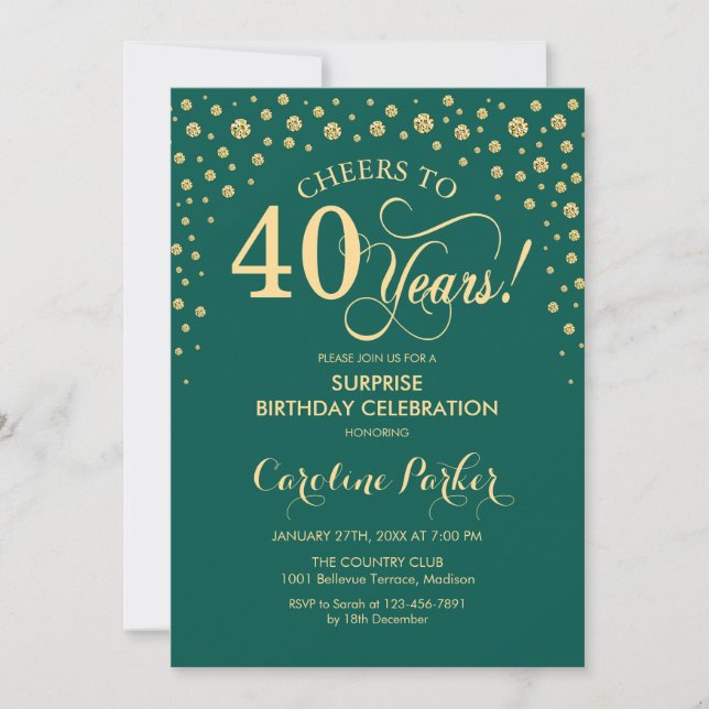 Surprise 40th Birthday Party - Emerald Green Gold Invitation (Front)