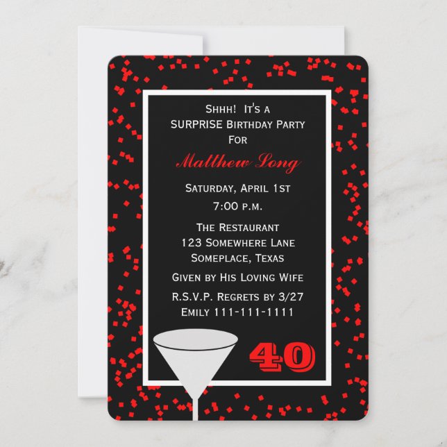 Surprise 40th Birthday Party Glass with Confetti Invitation (Front)