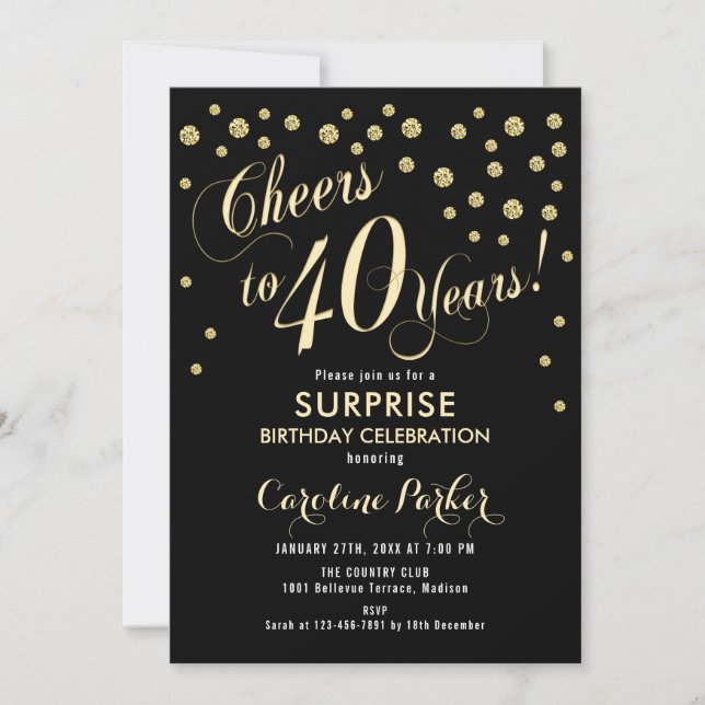 Surprise 40th Birthday Party - Gold Black Invitation (Front)
