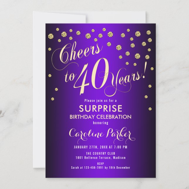 Surprise 40th Birthday Party - Gold Purple Invitation (Front)