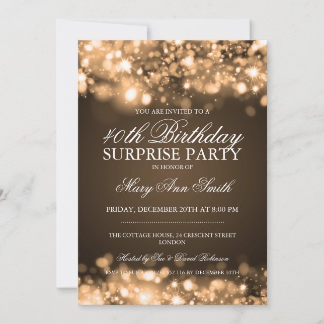 Surprise 40th Birthday Party Gold Sparkling Lights Invitation (Front)
