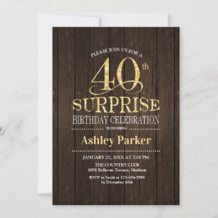 Surprise 40th Birthday Party - Gold Wood Invitation