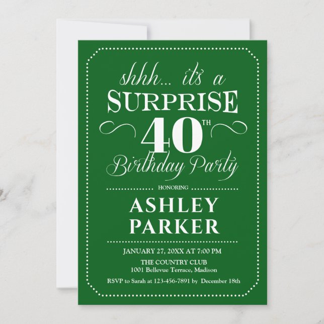 Surprise 40th Birthday Party - Green White Invitation (Front)