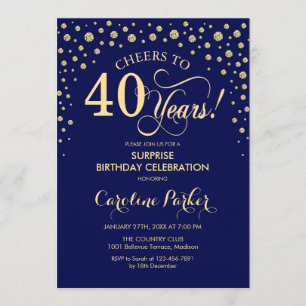 Surprise 40th Birthday Party - Navy Blue Gold Invitation