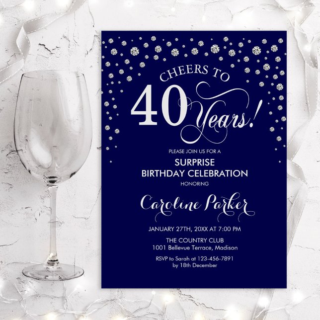 Surprise 40th Birthday Party - Navy Silver Invitation (Creator Uploaded)
