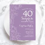 Surprise 40th Birthday Party - Purple Floral Invitation<br><div class="desc">Purple Floral Surprise 40th Birthday Party Invitation. Minimalist modern design featuring botanical accents and typography script font. Simple feminine invite card perfect for a stylish female surprise bday celebration. Can be customised to any age.</div>