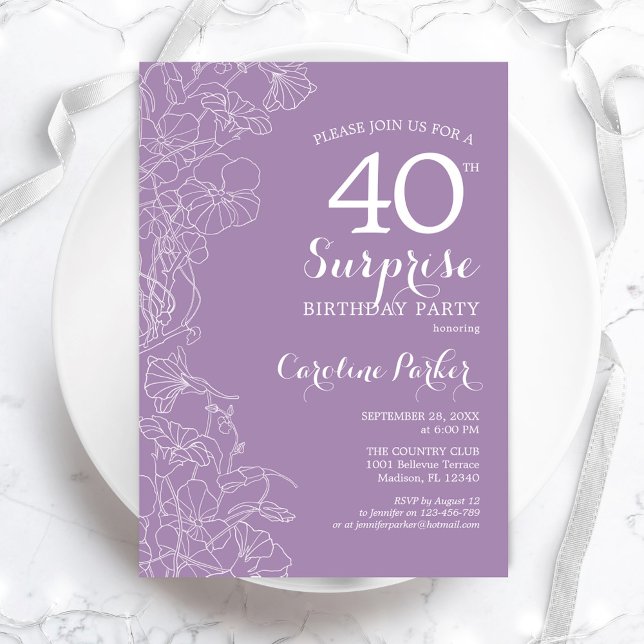 Surprise 40th Birthday Party - Purple Floral Invitation (Creator Uploaded)