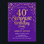Surprise 40th Birthday Party - Purple & Gold Invitation<br><div class="desc">Surprise 40th Birthday Party Invitation.
Elegant design in royal purple and faux glitter gold. Features stylish script font and confetti. Message me if you need custom age.</div>