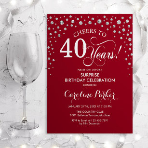 Surprise 40th Birthday Party - Red Silver Invitation