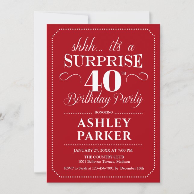 Surprise 40th Birthday Party - Red White Invitation (Front)