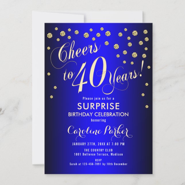 Surprise 40th Birthday Party - Royal Blue Gold Invitation (Front)