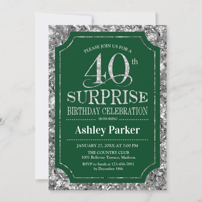 Surprise 40th Birthday Party - Silver Green Invitation (Front)