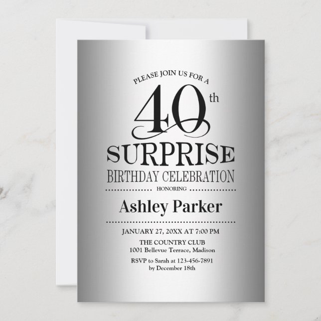 Surprise 40th Birthday Party - Silver Invitation (Front)