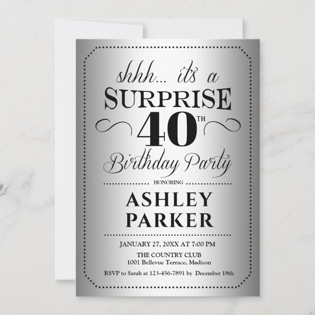 Surprise 40th Birthday Party - Silver Invitation (Front)