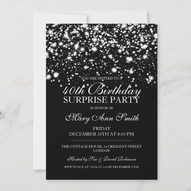 Surprise 40th Birthday Party Silver Midnight Glam Invitation (Front)