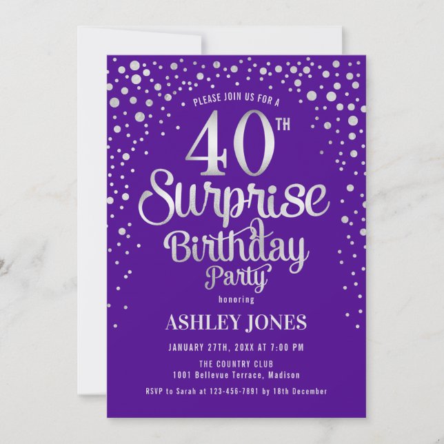 Surprise 40th Birthday Party - Silver & Purple Invitation (Front)
