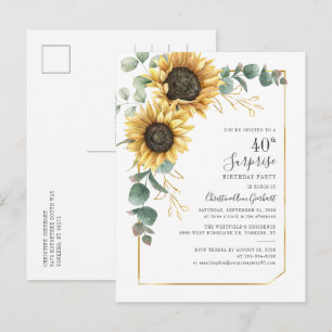 Surprise 40th Birthday Party Sunflower Eucalyptus Invitation Postcard