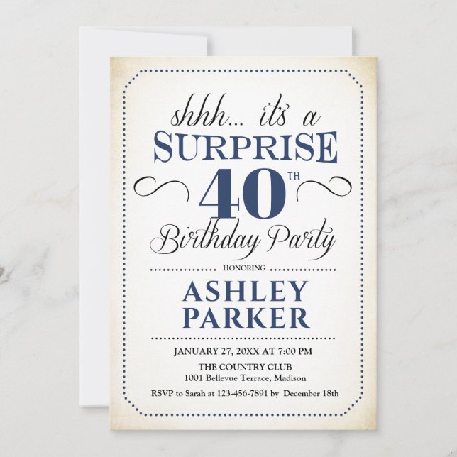 Surprise 40th Birthday Party - White Navy Invitation (Front)