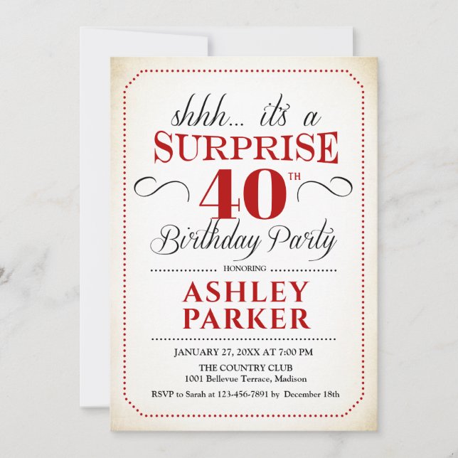 Surprise 40th Birthday Party - White Red Black Invitation (Front)