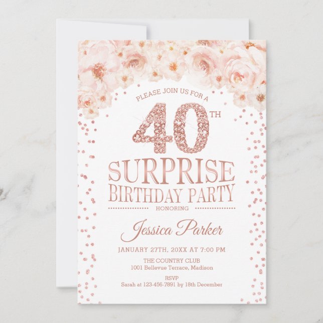 Surprise 40th Birthday Party - White Rose Gold Invitation (Front)