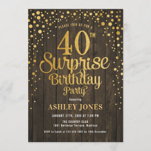 Surprise 40th Birthday Party - Wood & Gold Invitation