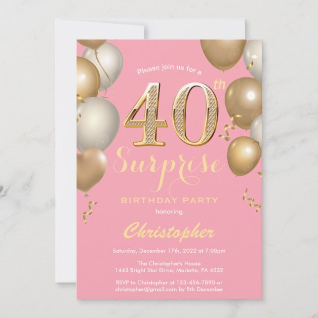 Surprise 40th Birthday Pink and Gold Balloons Invitation (Front)