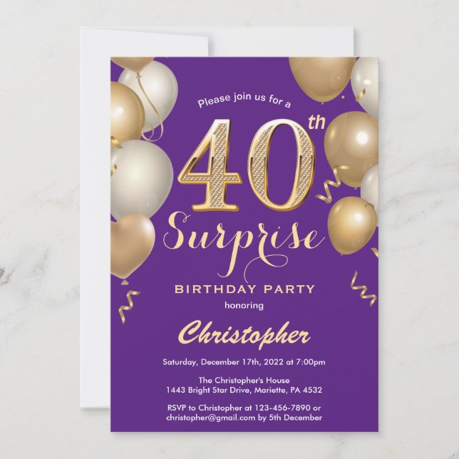 Surprise 40th Birthday Purple and Gold Balloons Invitation (Front)