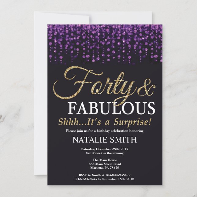 Surprise 40th Birthday Purple and Gold Glitter Invitation (Front)