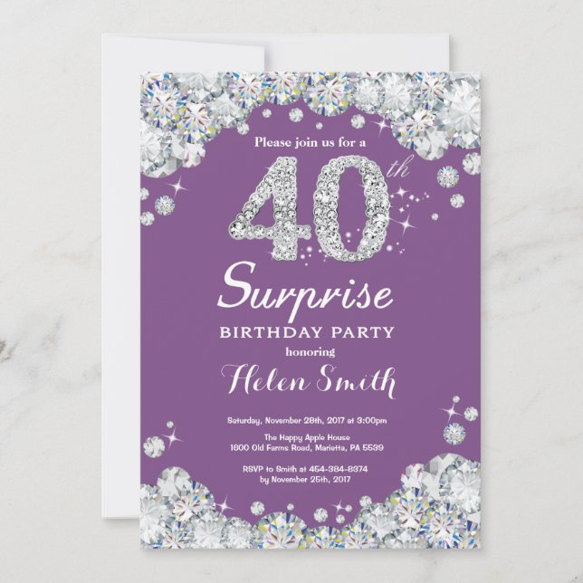 Surprise 40th Birthday Purple and Silver Diamond Invitation (Front)
