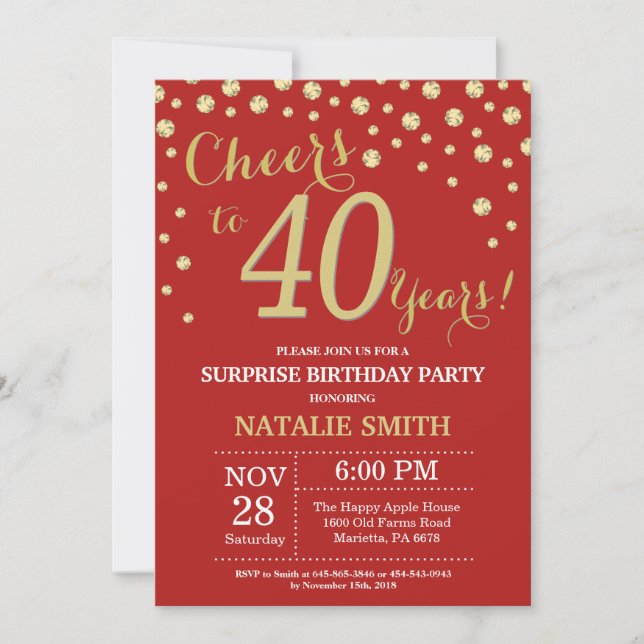 Surprise 40th Birthday Red and Gold Diamond Invitation (Front)