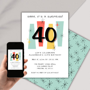 Surprise 40th Birthday Retro Midcentury Modern Invitation