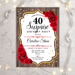 Surprise 40th Birthday - Rustic Wood Red Roses Invitation<br><div class="desc">Surprise 40th Birthday Invitation. Feminine rustic design with faux glitter gold. Features wood pattern,  red roses,  script font and confetti. Perfect for an elegant birthday party. Can be personalised to show any age. Message me if you need further customisation.</div>