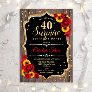 Surprise 40th Birthday - Rustic Wood Sunflowers Invitation