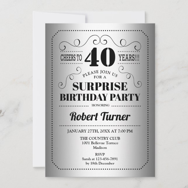 Surprise 40th Birthday - Silver Black Invitation (Front)