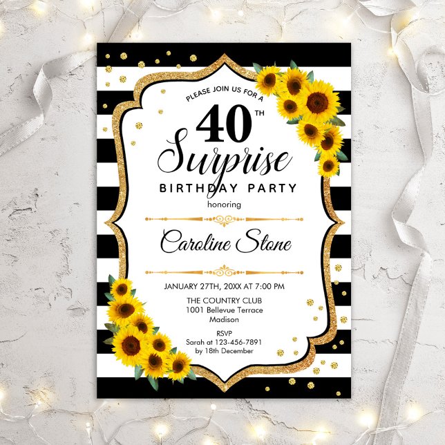 Surprise 40th Birthday - Sunflowers Black White Invitation (Creator Uploaded)