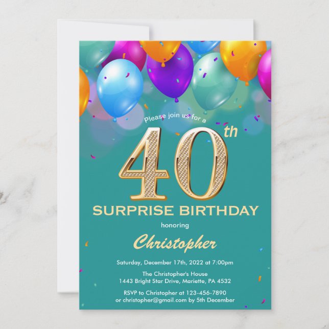 Surprise 40th Birthday Teal and Gold Balloons Invitation (Front)