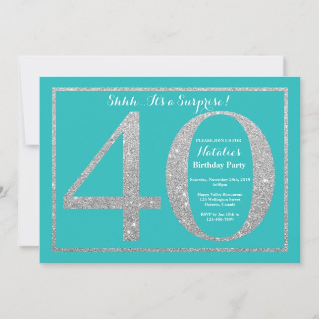 Surprise 40th Birthday Teal and Silver Glitter Invitation (Front)