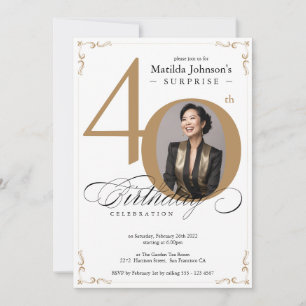 Surprise 40th Birthday White Gold Elegant Custom Invitation