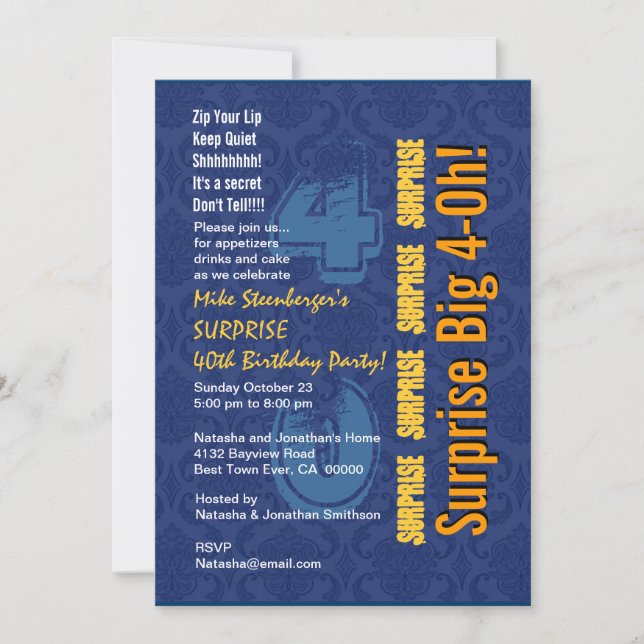 SURPRISE 40th Modern Birthday Blue and Gold R431 Invitation (Front)